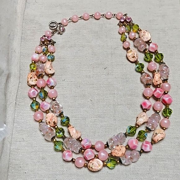 Vintage America Jewelry - Vintage 60s Regency Signed Rare Gilt Pink Art Glass Rhinestone Crystal Necklace